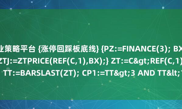 兴业策略平台 {涨停回踩板底线} {PZ:=FINANCE(3); BX:=IF(PZ=1,0.1,0.2); ZTJ:=ZTPRICE(REF(C,1),BX);} ZT:=C>REF(C,1)*1.09 AND C=H; TT:=BARSLAST(ZT); CP1:=TT>3 AND TT<15; CP2:=L=LLV(L,TT); CP3:=L/RE